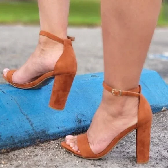 Tan Suede Ankle Strap Block Heel Dress Sandals - Picture 6 of 11
